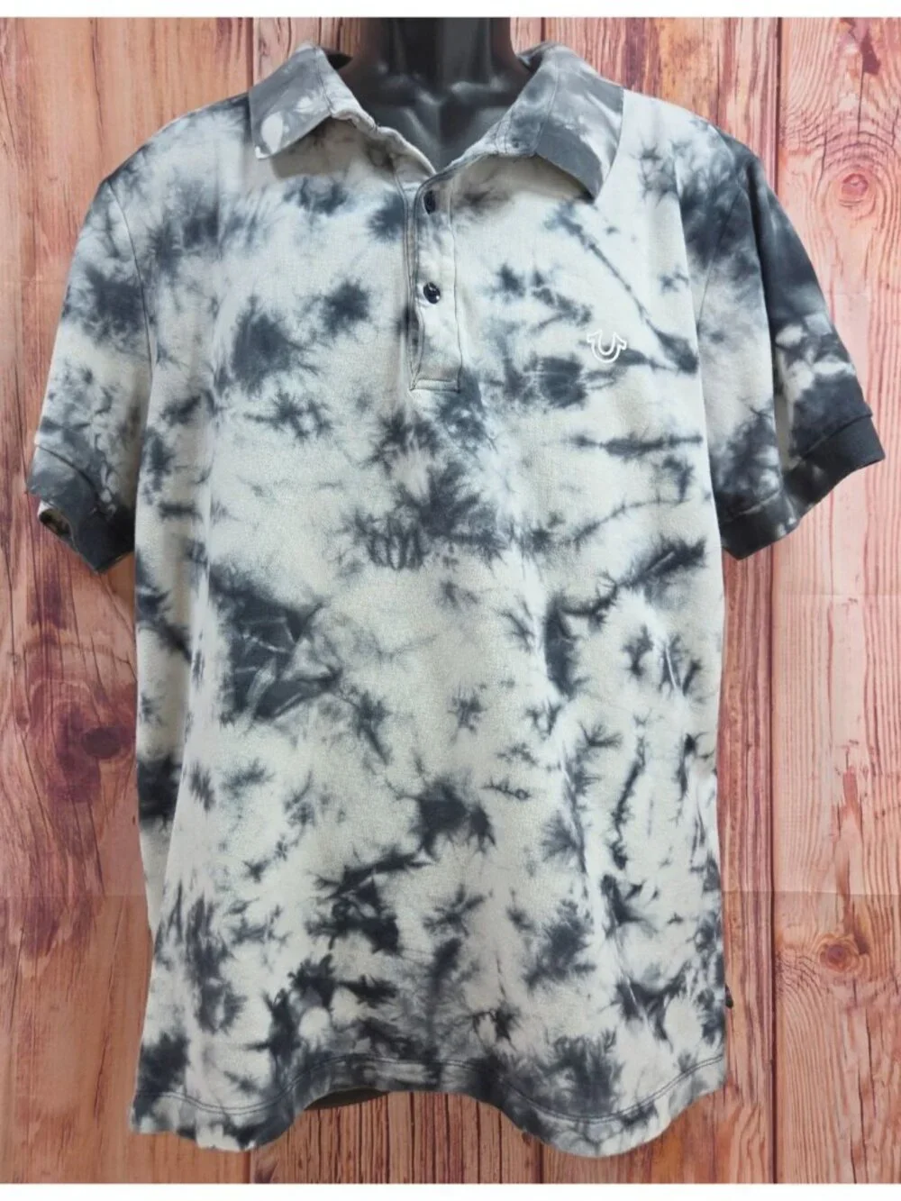 True Religion Mens 2XL Tie-Dye Polo Shirt Cotton Black & Gray Short Sleeves